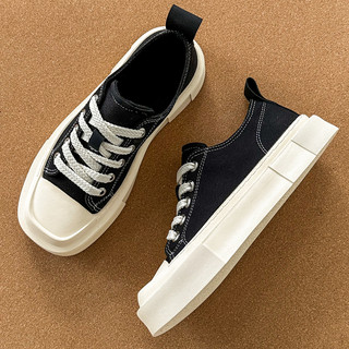 Canvas Shoes for Men, Summer Thick-Soled Trendy Versatile Casual Shoes, Low-Top Breathable Korean Style Black Soft-Soled Sports Sneakers