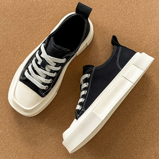 Canvas Shoes for Men, Summer Thick-Soled Trendy Versatile Casual Shoes, Low-Top Breathable Korean Style Black Soft-Soled Sports Sneakers