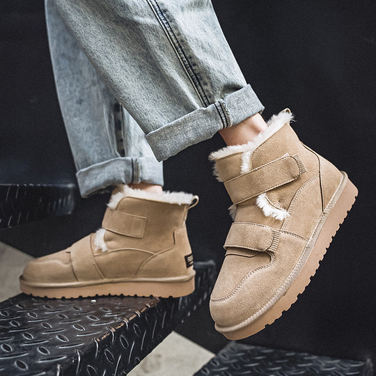 Men's Winter Snow Boots with Plush Lining, Thickened Cotton Shoes for Women, Warm Couple Style Loafers, Genuine Leather Cold-Resistant Cotton Boots