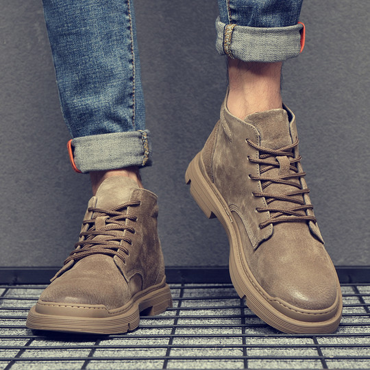 Martin Boots for Men, Winter Fleece-Lined High-Top Shoes, British Style Genuine Leather Short Boots, Mid-Top Retro Trendy Casual Work Boots