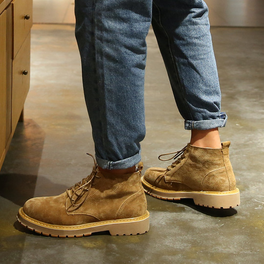 Winter Martin Boots for Men, Mid-Top Trendy Short Boots, British Style, Fleece-Lined High-Top Shoes, Retro Korean Style, Genuine Leather Yellow Work Boots