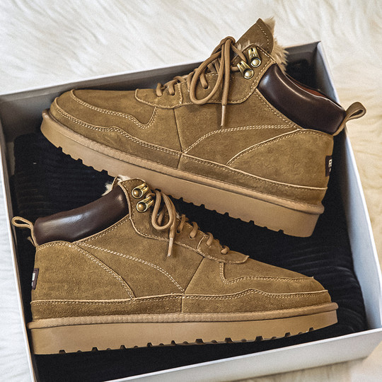 Men's Snow Boots for Outdoor Use, Cold-Resistant, Non-Slip, Genuine Leather, Winter Fleece-Lined, Thickened, Warm, High-Top, Large Cotton Shoes for Northeast