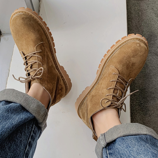 Martin Boots for Men, Winter High-Top Shoes with Plush Lining, British Style Genuine Leather, Korean Version, Retro Trendy Versatile Mid-Top Work Boots