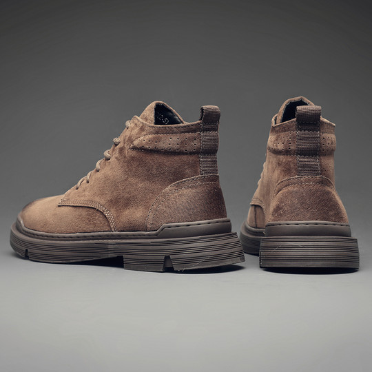 Martin Boots for Men, Winter Fleece-Lined High-Top Shoes, British Style Trendy Mid-Top Short Boots, Genuine Leather Korean Style Retro Work Boots