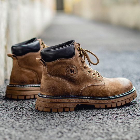 Martin Boots Men's Winter High-Top Shoes British Style Genuine Leather Mid-Top Fleece-Lined Short Boots Trendy Retro Casual Work Boots