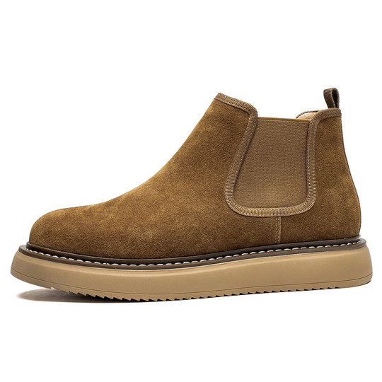 Chelsea Boots Men's Winter Genuine Leather High-Top Shoes with Plush Lining, Retro Mid-Top Short Boots, British Style New Casual Martin Boots