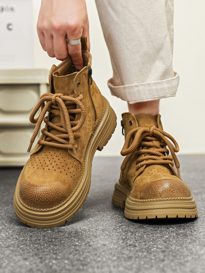 Martin Boots for Men 2025 New Summer Hollow Breathable Couple High-Top Shoes Genuine Leather Mid-Top Thick-Soled Work Boots