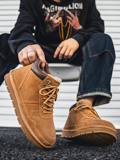 Men's Wool Snow Boots, Cold-Resistant, Warm, Outdoor, Non-Slip, Genuine Leather, Trendy, Winter, Fleece-Lined, Thickened, High-Top Cotton Shoes for Northeast