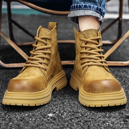 Martin Boots for Men, Winter Genuine Leather High-Top Shoes, Casual Trendy Fleece-Lined Short Boots, Versatile Mid-Top British Style Work Boots