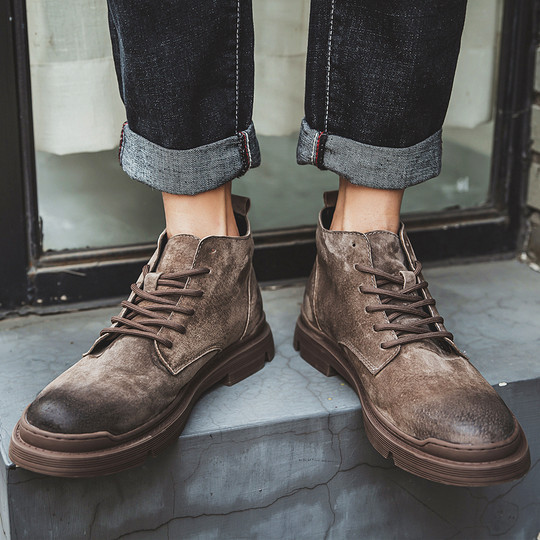 Martin Boots for Men, Winter British Style Casual High-Top Shoes, Genuine Leather Breathable Trendy Short Boots, Mid-Top Retro Work Boots