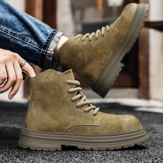 Martin Boots for Men, New Winter Style, Fleece-Lined High-Top Shoes, British Style, Genuine Leather, Korean Version, Trendy Mid-Top Casual Work Boots