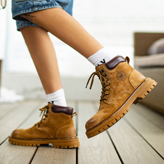 Martin Boots for Men, Winter High-Top, Fleece-Lined, British Style, Genuine Leather, Yellow Boots, Retro Casual Trendy Mid-Top Work Boots