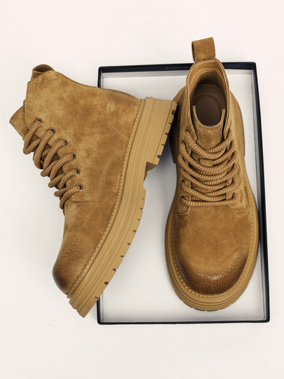 Martin Boots for Men, Winter Genuine Leather High-Top Shoes, British Style Thick-Soled Couple's Yellow Boots, Fleece-Lined Outdoor Mid-Top Work Boots