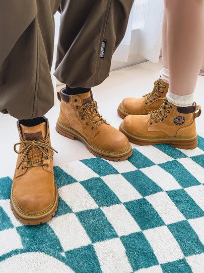 Martin Boots for Men, Winter Genuine Leather High-Top Shoes, British Style Height-Increasing Couple Boots, Yellow Boots with Fleece Lining, Outdoor Mid-Top Work Boots