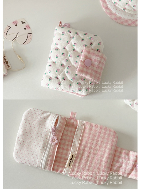 Lucky｜Korean Fabric - Cream Strawberry Coin Purse ins Handmade Zipper Multi-Layer Card Holder Korean Style Cute