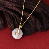 Ping buckled sterling silver necklace female fashion ancient method gold-plated inlay Hetian Jade High sense bracelet earrings set jewelry