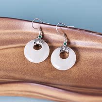 Hetian jade silver earrings female sterling silver 2021 trendy national style silver jewelry fashion temperament retro round earrings