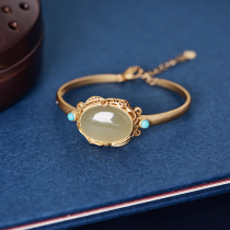 Silver bracelet female sterling silver fashion ethnic style hand jewelry inlaid Hetian Jade ancient silver ornaments adjustable bracelet