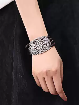 Small leaf red sandalwood hand female sterling silver multi-layer retro silver jewelry old silver handpiece wide wrist ornaments National Style gift bracelet