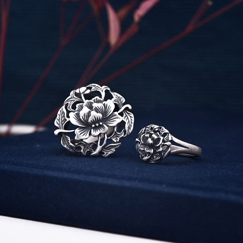 Silver Ring Girl silver retro fashion 925 silver ornaments live ring adjustment finger peony wide ring ring ring