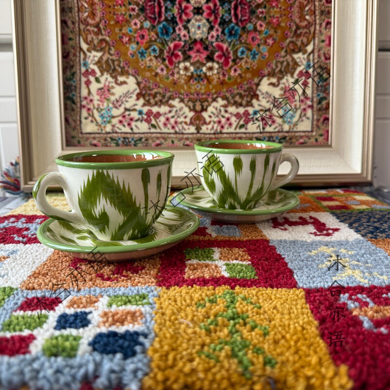 Xinjiang Gift with Adelaide Pattern Coffee Cup, Uzbek Clay Pottery Hand-Painted Underglaze Color Set of Cups, No Gift Box