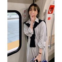 French temperament striped pregnant women long sleeve shirt dress autumn long Korean loose coat two-piece suit