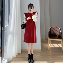 2022 Spring autumn new red pregnant woman knit one-piece dress with long autumn and winter vacation in two bubble sleeves sweaters dress