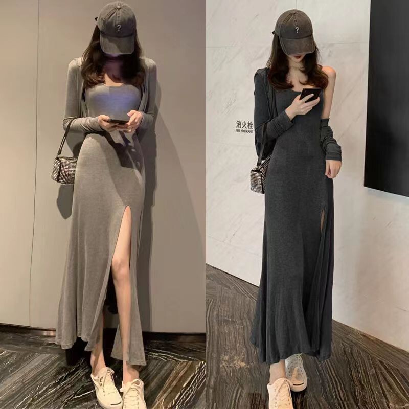 Modal Black Plus-Size Slimming Dress for Women, Summer Cardigan Coat with High Slit Long Skirt Two-Piece Set