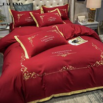 European Style Spring Autumn Washed Cotton Four Pieces Of Nordic Wind Wedding Bed Bedding Large Red Wedding Bed Linen Quilt Cover Bed