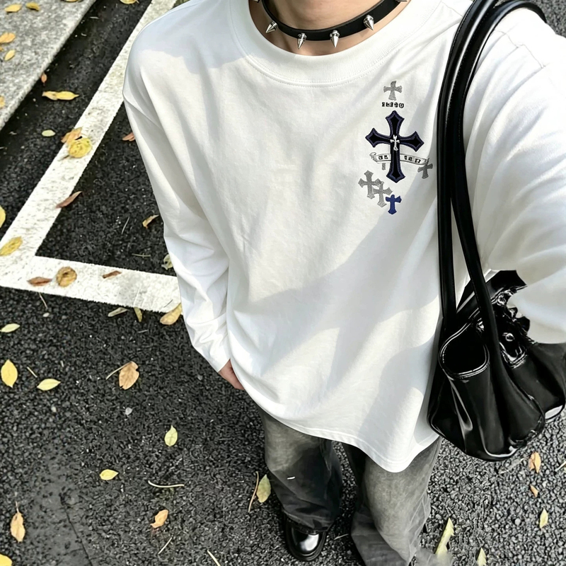 American-Style Trendy High-Street Cross-Pattern Long-Sleeve T-Shirt for Men, Spring and Autumn, Heavyweight Pure Cotton, Loose-Fitting Inner Layer Top American-Style Trendy High-Street Cross-Pattern Long-Sleeve T-Shirt for Men, Spring and Autumn, Heavyweight Pure Cotton, Loose-Fitting Inner Layer Top
