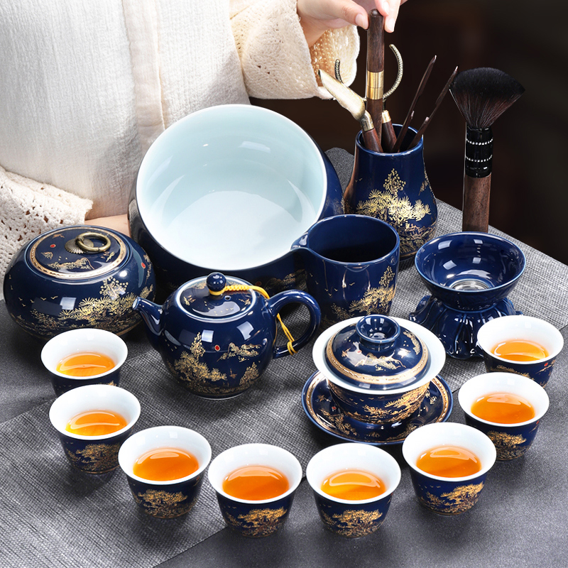 Hidden SAN ji blue glaze ceramic tea set home a whole set of kung fu tea set the see colour of blue and white porcelain teapot teacup tureen