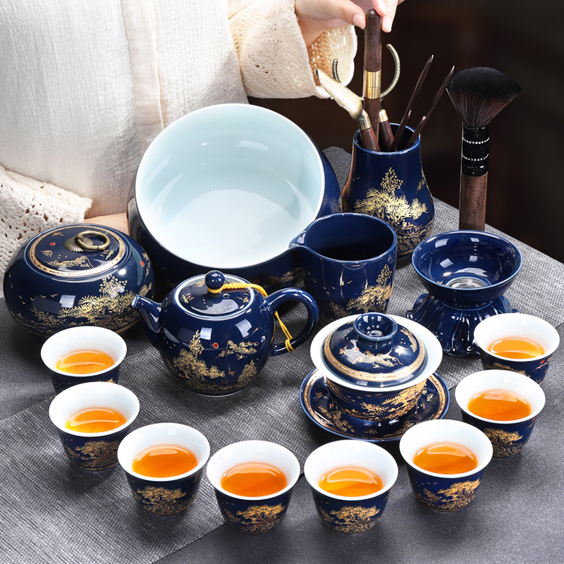 Hidden SAN ji blue glaze ceramic tea set home a whole set of kung fu tea set the see colour of blue and white porcelain teapot teacup tureen