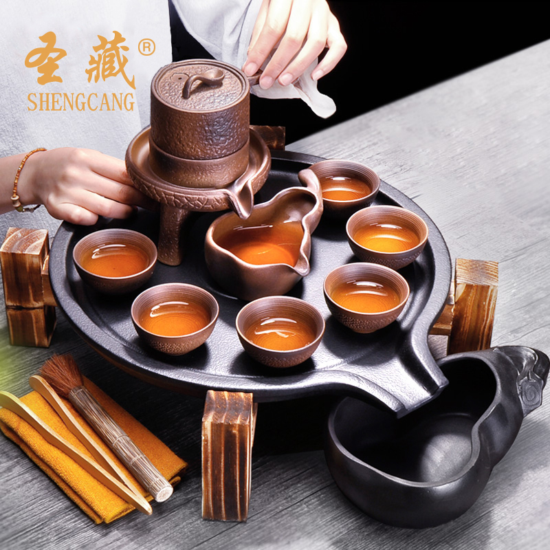 Stone ground tea set suit household violet arenaceous kung fu tea tea tray cup teapot contracted a visitor mill modern automatically