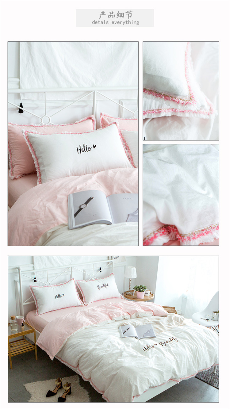 ins ròng trái tim màu đỏ cô gái bông rửa denim bông giường ký túc xá 4 ba mảnh khăn trải giường bông chăn - Bộ đồ giường bốn mảnh chăn ga gối đệm cưới