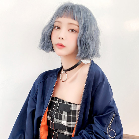 Seventh Street Queen wig female short hair handsome round face internet celebrity natural realistic temperament corn perm haze blue short curly hair