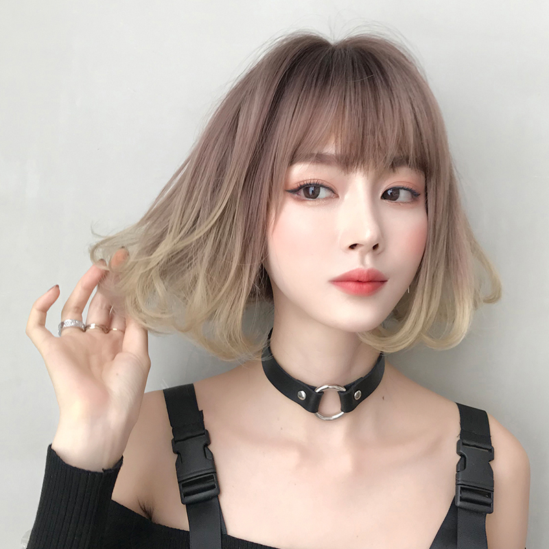 Queen of Seven Streets Wig for Women, Short Hair, Round Face, Internet Celebrity, Gradient Color, Full Head Wig Style, Short Curly Hair, Inward Curls, Bob Haircut