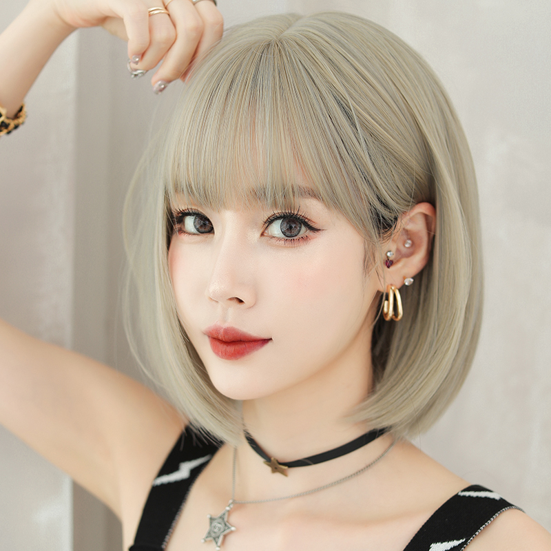 Short Wig for Women, Summer Beige Color, Internet Celebrity Style, Round Face, Age-Reducing Bob, Inward Curls, Short Straight Hair, Beige Full Wig Style Short Wig for Women, Summer Beige Color, Internet Celebrity Style, Round Face, Age-Reducing Bob, Inward Curls, Short Straight Hair, Beige Full Wig Style