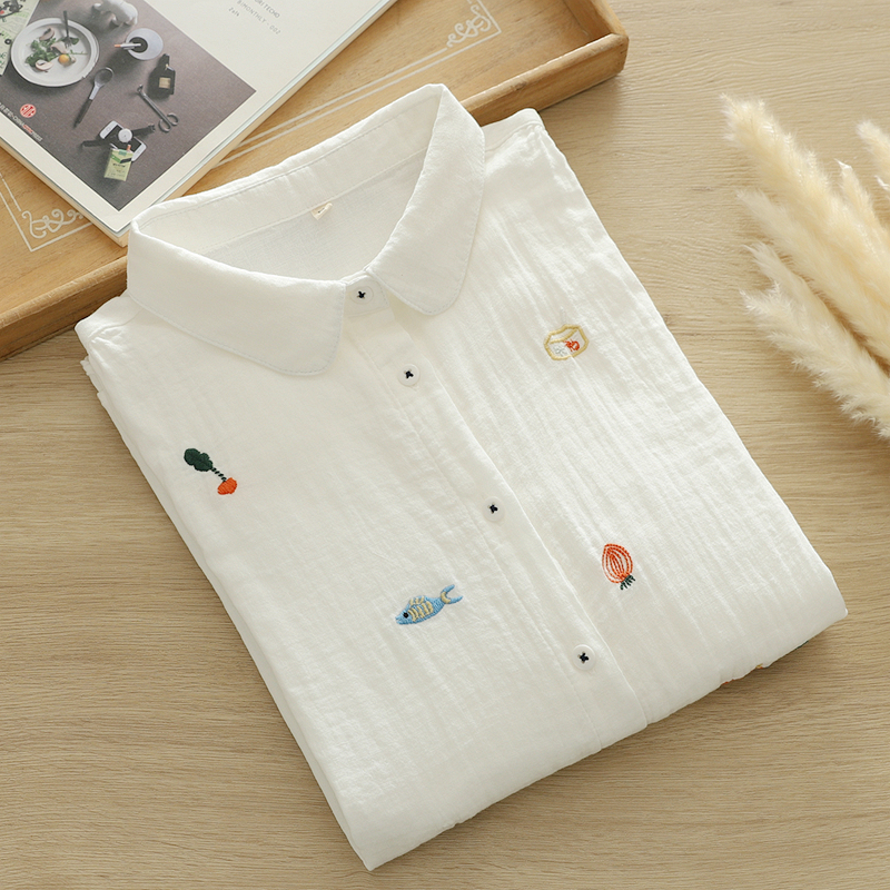 2025 Spring Artistic Fresh Cartoon Embroidery Carrot Rabbit Graffiti Double-Layer Cotton Gauze White Shirt Women's Long Sleeve Trendy