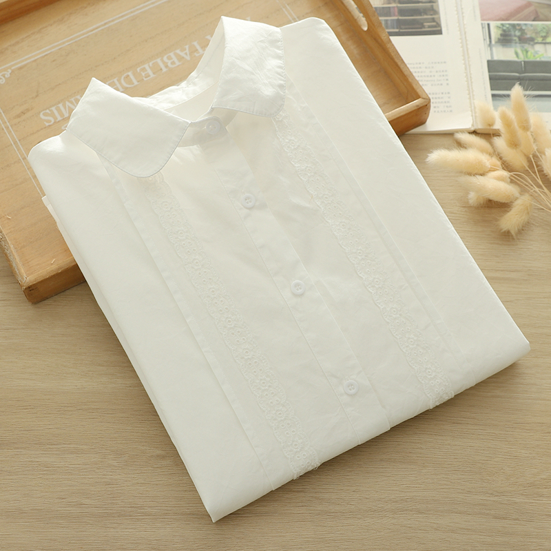 2025 Spring Artistic Fresh Peter Pan Doll Collar Lace Crochet Sweet White Shirt Women's Long Sleeve Base Shirt