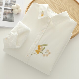 Literary and fresh camellia embroidery loose pure cotton front shoulder plus velvet thickened white shirt women's long-sleeved bottoming shirt trendy