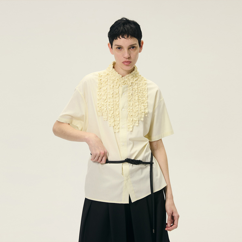 Wonderwe Heavy Industry Lace Collar Original Niche Design Light Yellow French Dark Pattern Loose Unisex Short-Sleeved Shirt