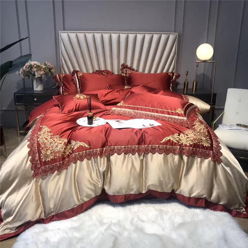 Red 80 Egyptian long-staple cotton four-piece set imported from Italy high-precision lace embroidery wedding bedding