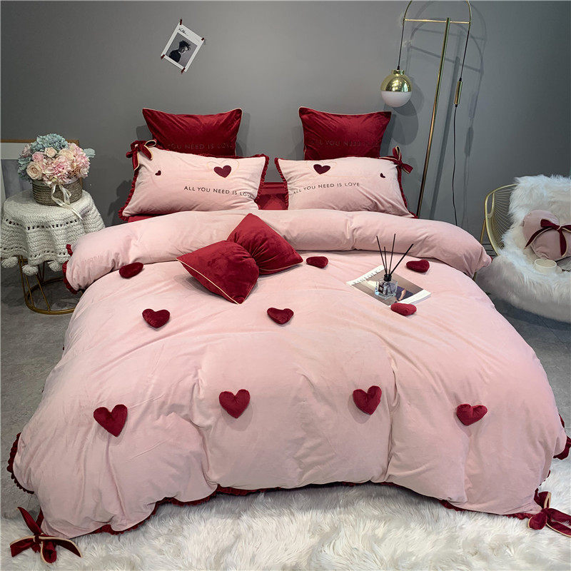Princess-inspired winter coral velvet four-piece set double sided velvet flannel thickened burgundy wedding milk velvet bedding