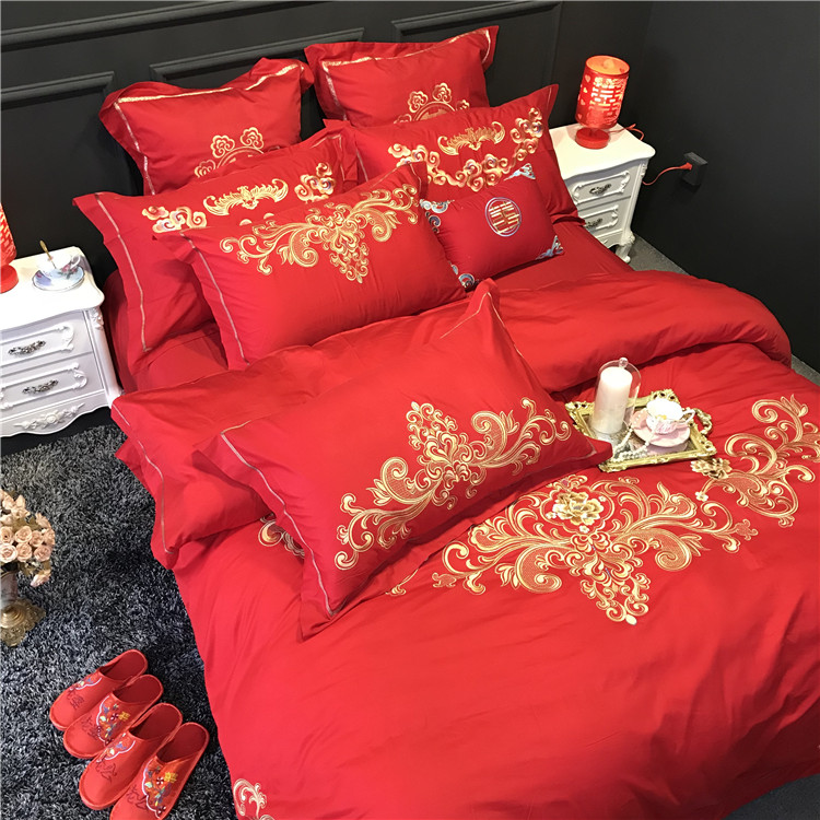 Đám cưới bốn mảnh bông cotton lớn màu đỏ đám cưới thêu quilt cover tờ sáu bộ đám cưới giường