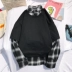 Cảng gió Hitz để lại hai kẻ sọc lỏng áo thun áo len dơi tay áo cổ áo nam áo khoác sinh viên hoang dã hoodie màu be Áo len