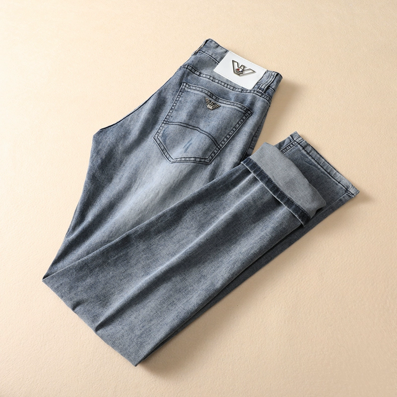 Châu Âu hợp thời trang thương hiệu nam màu xám xanh thẳng chân phù hợp với quần denim quần jeans mùa hè mỏng - Quần jean