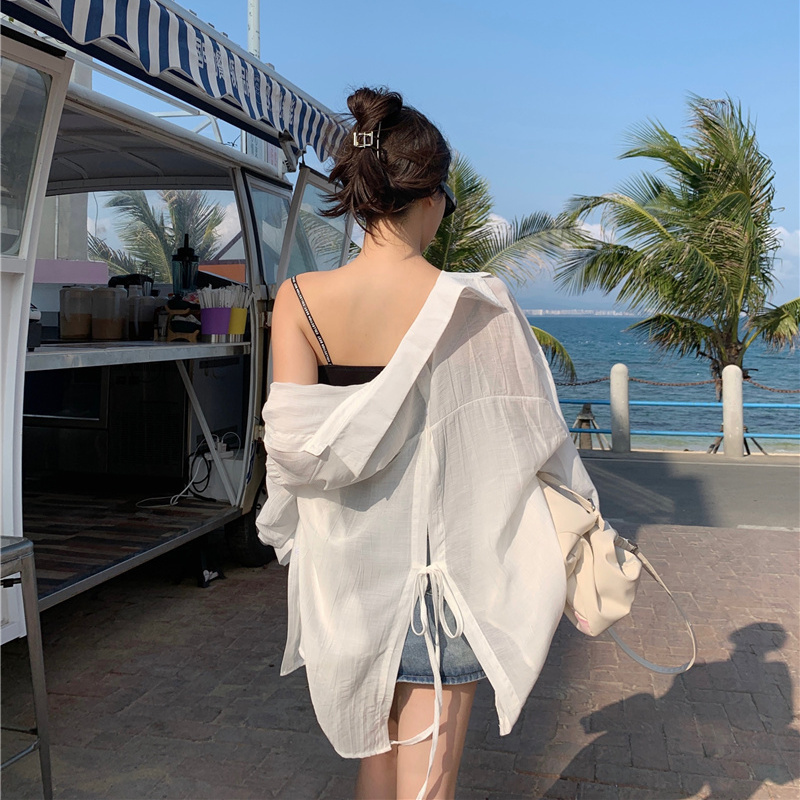 Summer Sun Protection Clothing for Women, Korean Style, Backless Design, Unique Shirt, Fairy-Like Long Sleeves, Loose Fit, Thin Cardigan Jacket ins