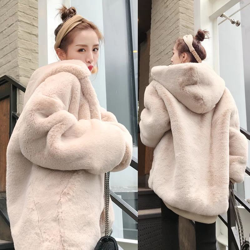 2025 New Korean Style Loose Plush Coat for Women, Winter Faux Rabbit Fur Mid-Length Thickened Hooded Coat