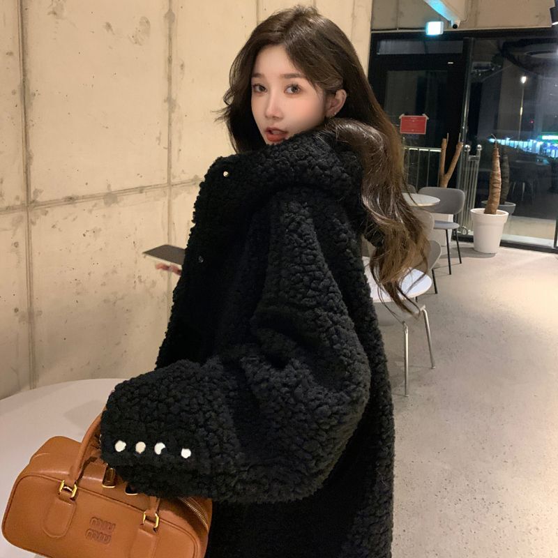 Lazy Style Granular Lamb Wool Coat for Women, Black, New Winter Style, Loose Fur Hooded Thickened Coat for Petite Women Lazy Style Granular Lamb Wool Coat for Women, Black, New Winter Style, Loose Fur Hooded Thickened Coat for Petite Women