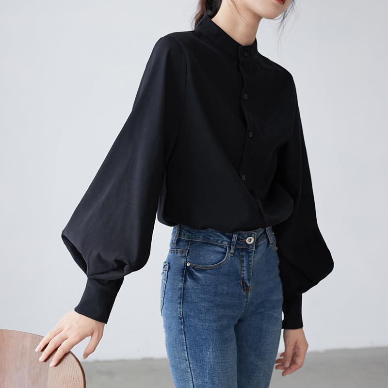 Black Stand-Up Collar Shirt for Women, with a Unique Design, Mature French Style, Vintage Hong Kong Style Lantern Sleeve Top